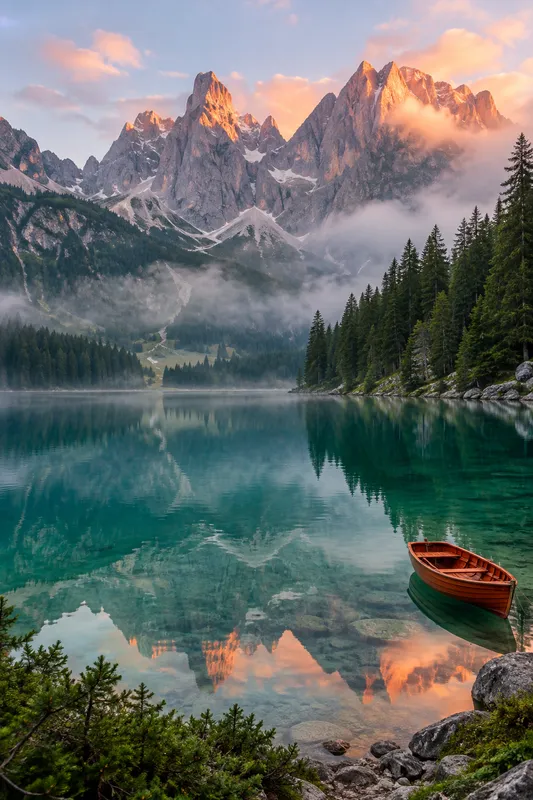 Jagged Dolomite peaks in peach sunrise light above an emerald alpine lake with a small wooden boat.