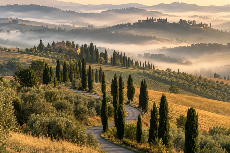 A road winding between cypress trees across misty Tuscan hills at dawn.