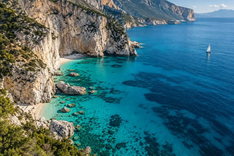 White limestone cliffs above a turquoise Mediterranean cove.