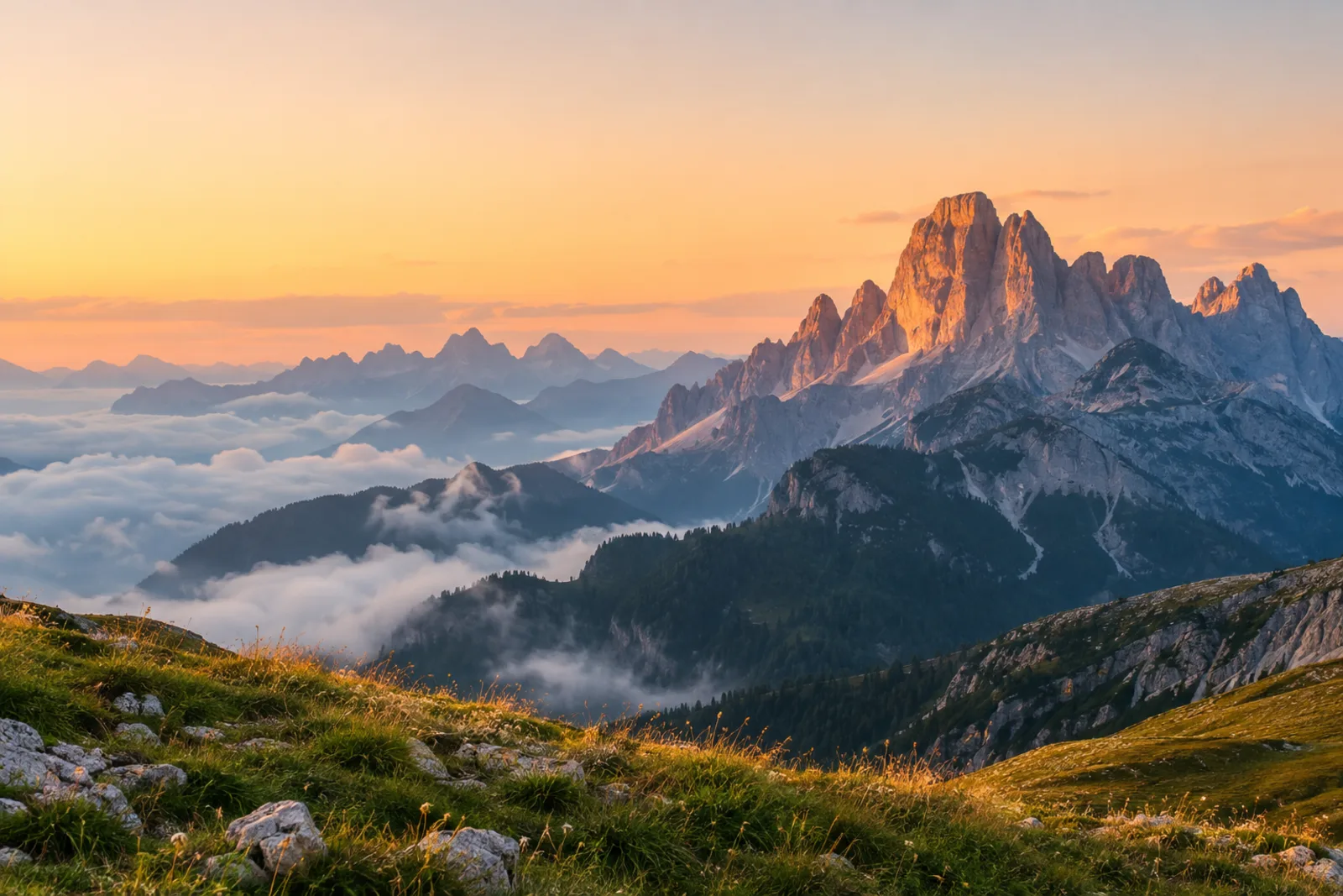 A mountain ridge at sunset rising above a sea of clouds.