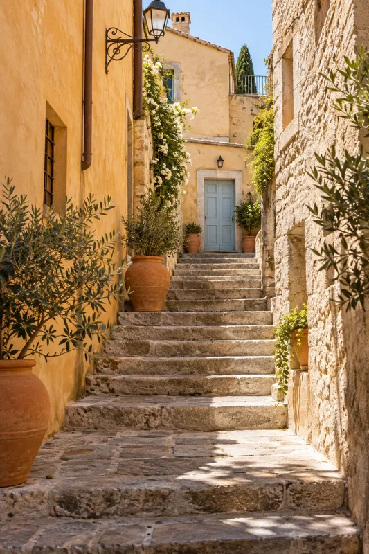 Stone steps between sunlit village walls, potted plants and a blue door.