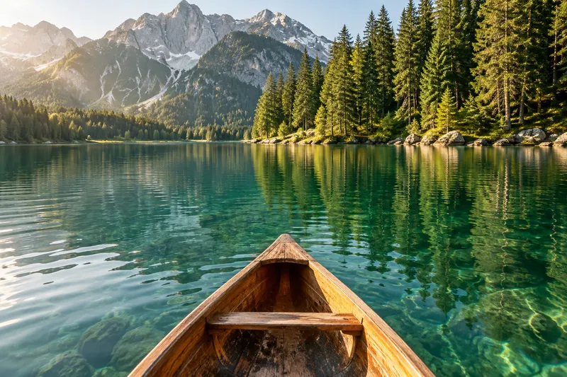 The bow of a wooden canoe on a calm lake reflecting pine forest and mountains.