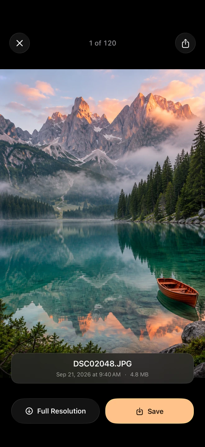 Alpha Lume showing a full-screen preview of a photo from a Sony α7C, with Full Resolution and Save buttons.