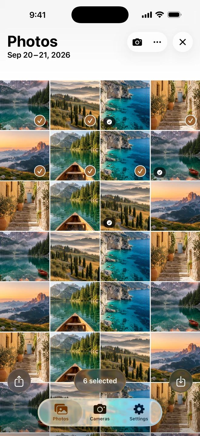 A photo grid grouped by day with previously imported photo badges, six landscapes selected, and a Save to Photos button.