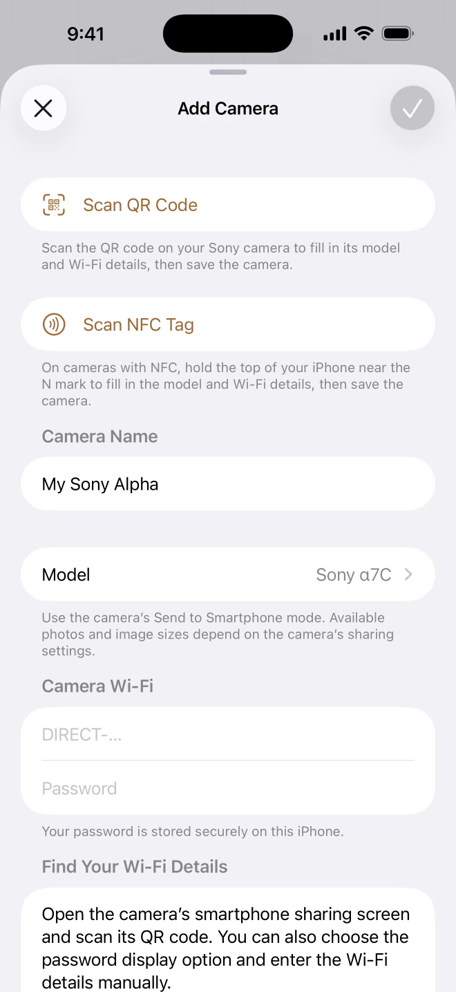 The Add Camera screen with Scan QR Code and Scan NFC Tag buttons, camera name, model, and Wi-Fi fields.